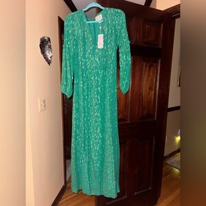 NWT Lilly Pulitzer Cleme maxi dress long sleeve Metallic gold Fiddle Leaf Green